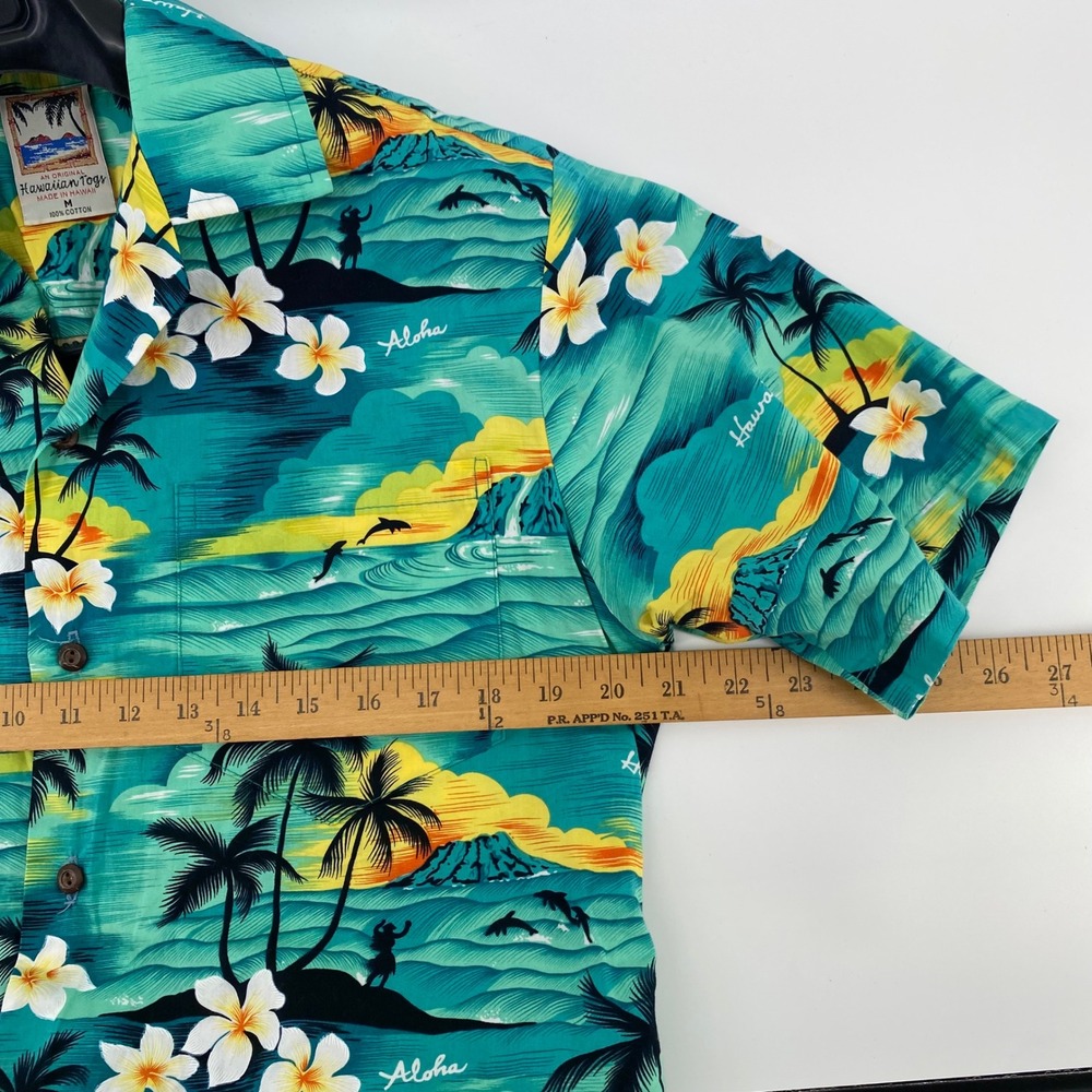Hawaiian Togs Mens M Aloha Shirt Teal Tropical Palm Tree Dolphin Cotton HI Made - Picture 5 of 8